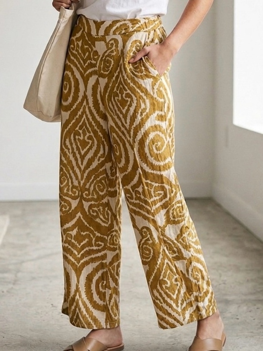 Christian Siriano Mustard & Beige Wide-Leg Printed Pants